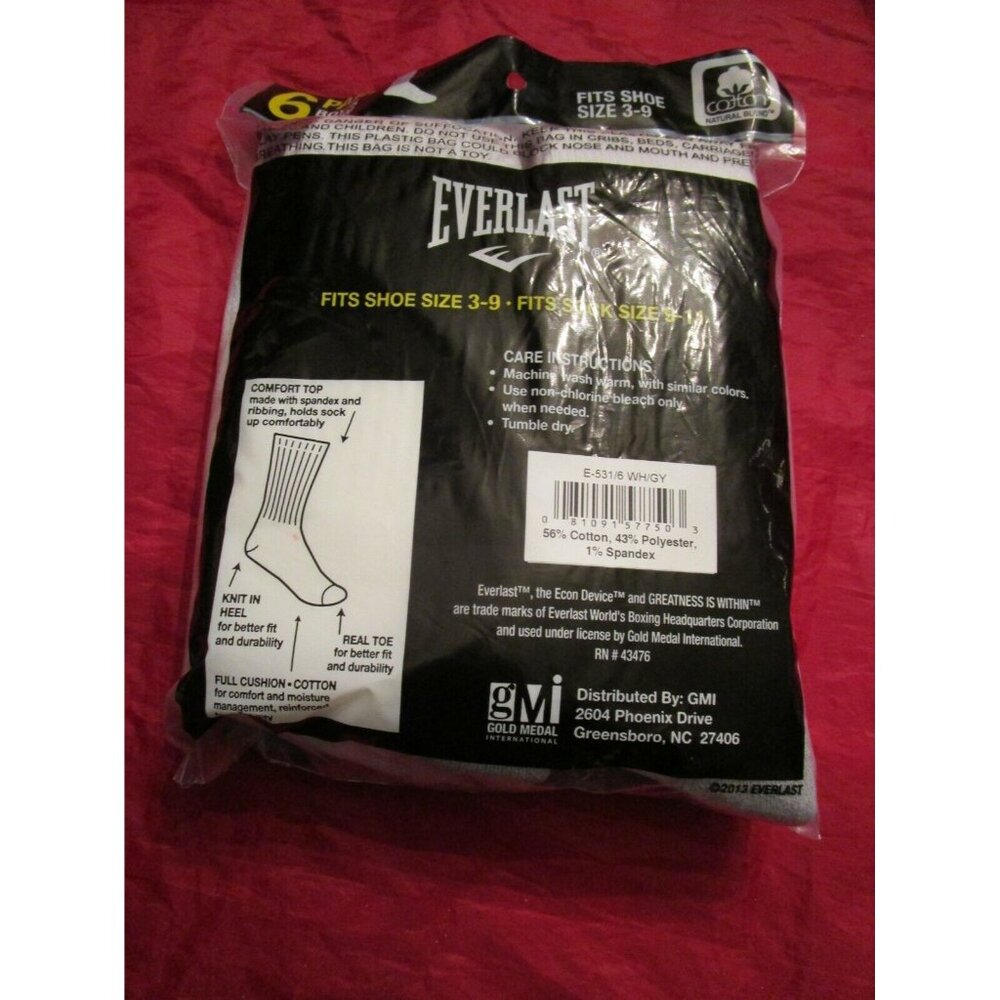 Everlast 6 Pair Boys Crew Socks White Fits Shoe 3-9 Comfort Top Cotton Blend - Picture 2 of 4